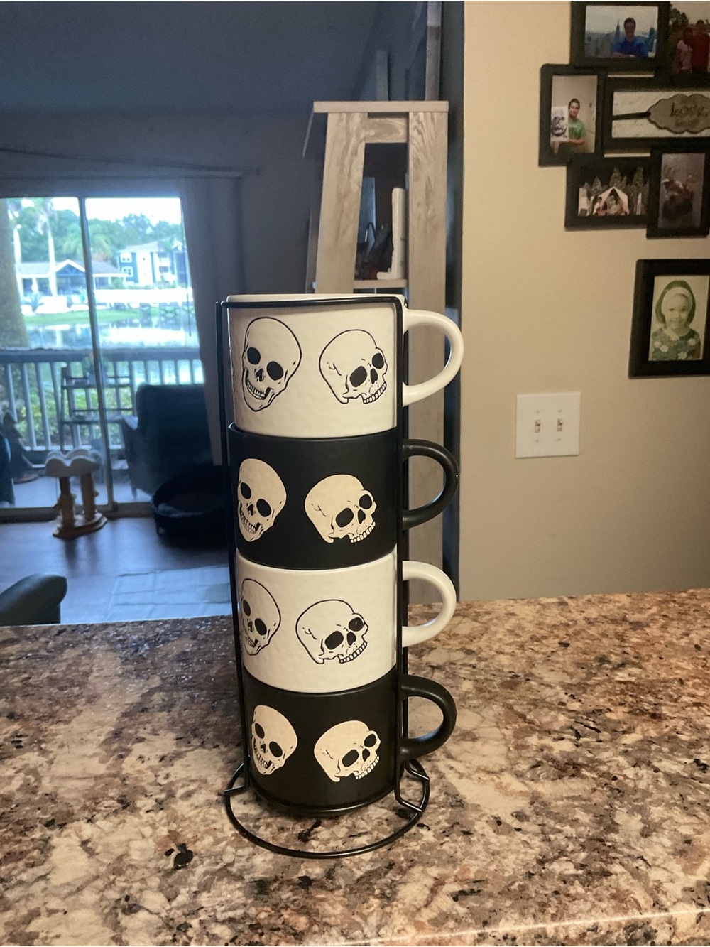 Stackable Black and White Skull Mug Set with Stand